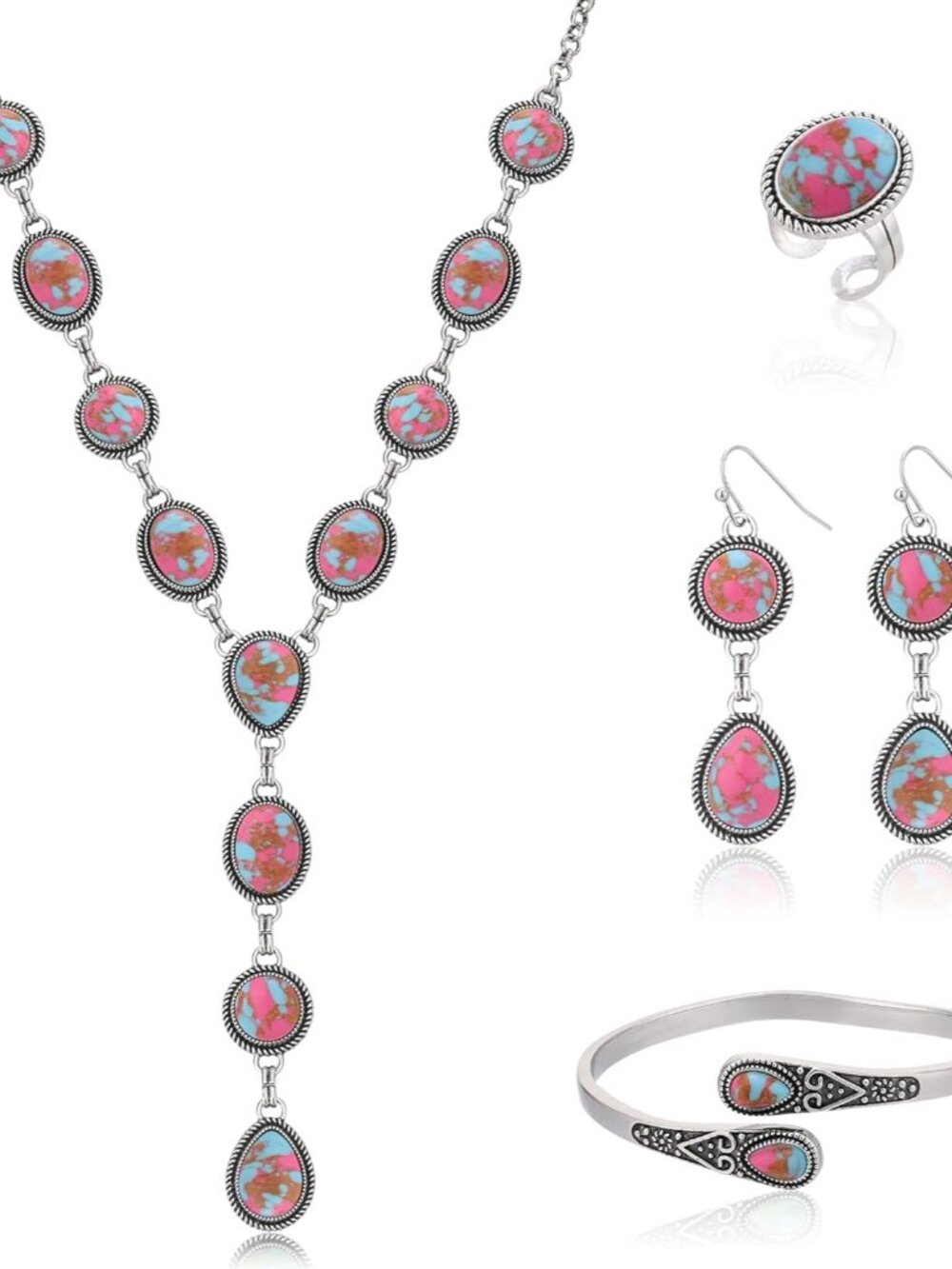 4 PCS Western Turquoise Jewelry for Women Boho Vintage Navajo Pearl Necklace Ear